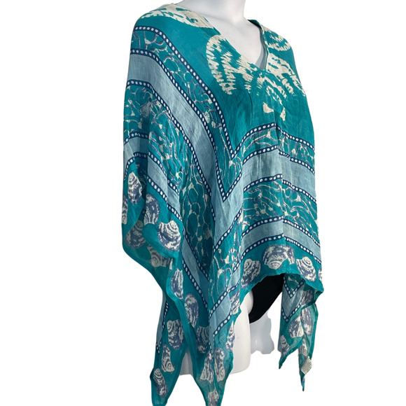Mud Pie One Size Swim Cover Poncho Ruana Linen Blend Aqua Blue Shell Print Beach - Picture 2 of 8